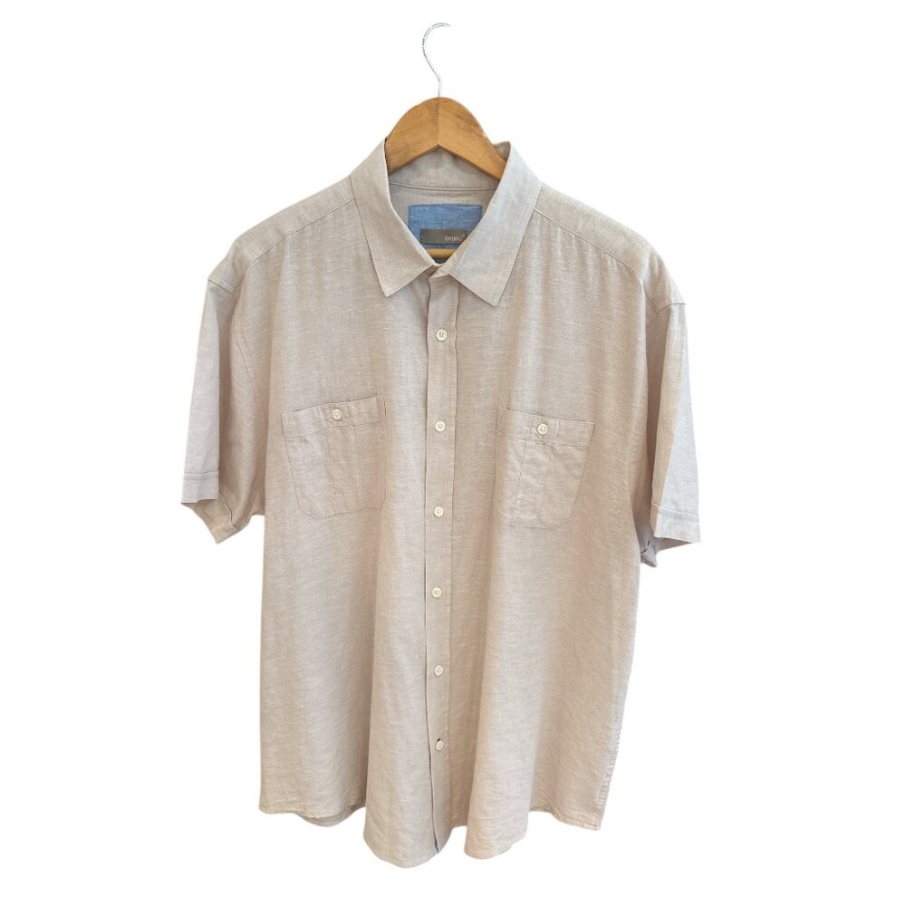 Bruno Mens XL Beige Short Sleeve Button-Up Shirt 55% Linen 45% Cotton Lightweigh